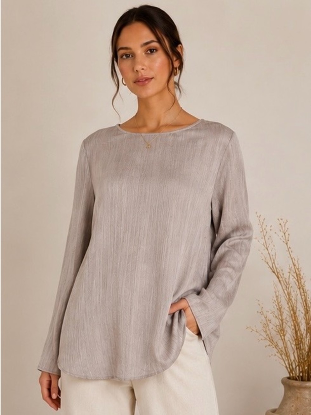 Satin Finish Textured Grey Blouse NWOT